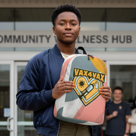 Vax 4 Vax Minimalist Backpack with heart and syringe logo, held by a person in a navy jacket outside Community Wellness Hub