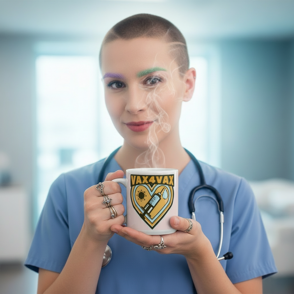 Healthcare worker in scrubs holds a steaming white VAX4VAX mug with a heart and syringe graphic