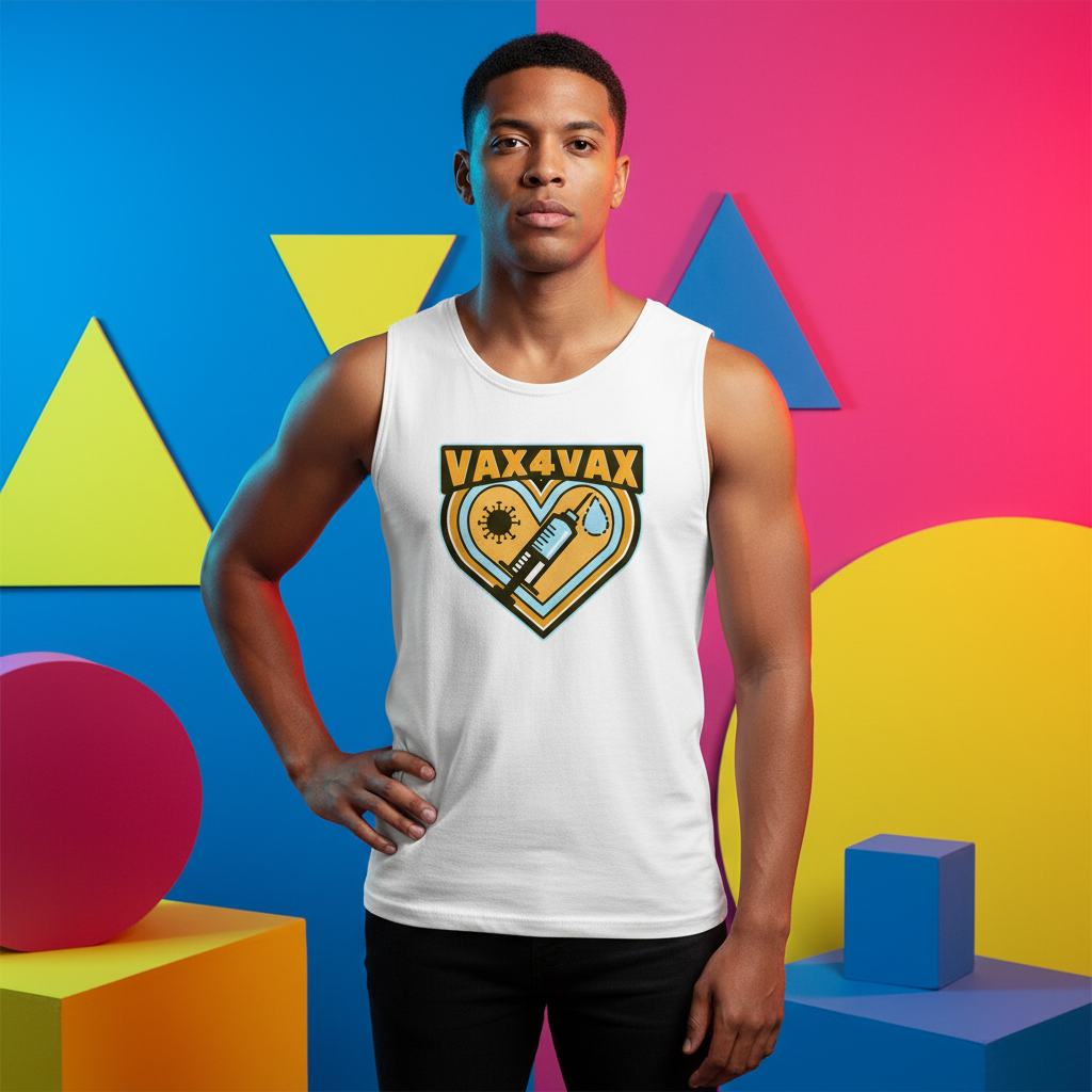 Vax 4 Vax Muscle Top, bold unisex tank, modeled by a person
