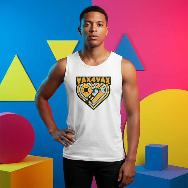 Vax 4 Vax Muscle Top, bold unisex tank, modeled by a person