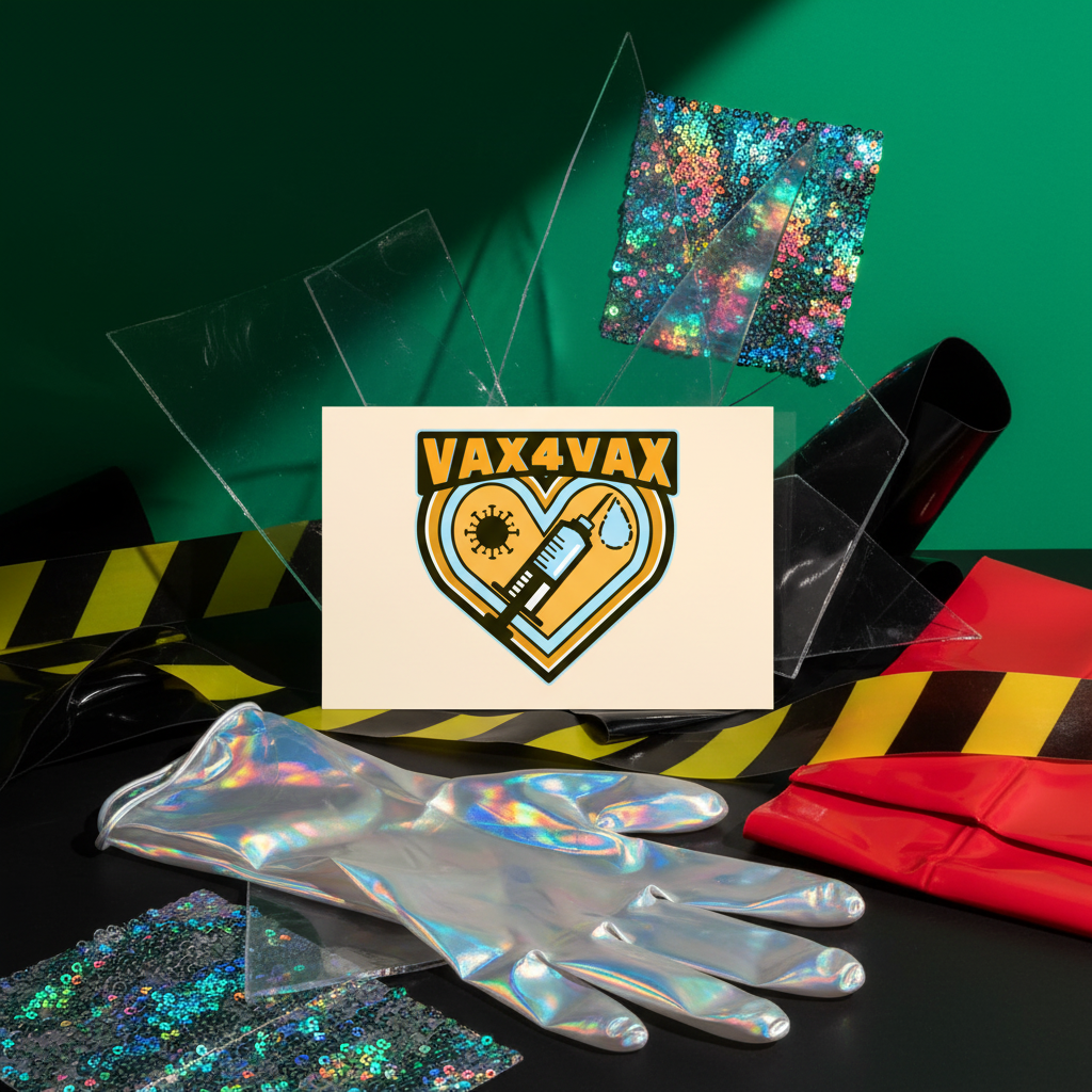 Vax 4 Vax Postcard with syringe and virus in a heart, iridescent gloves, caution tape, sequins, plastic sheets on green