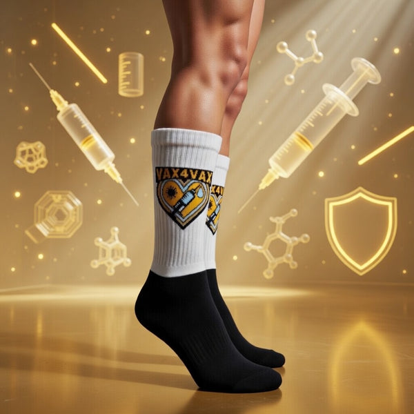 Crew-length socks in white and black, featuring a heart and syringe logo on the calf, gold background with science symbols.