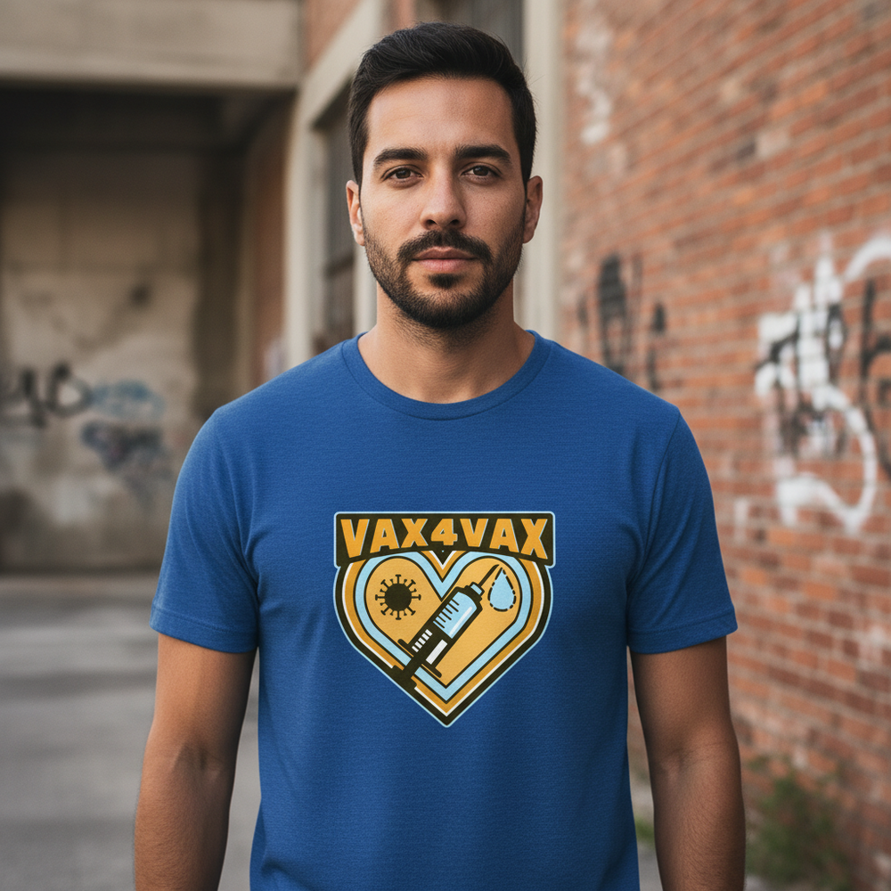 Unisex “Vax 4 Vax” tee with a heart-shaped syringe and virus motif, worn by a bearded person by a graffiti wall