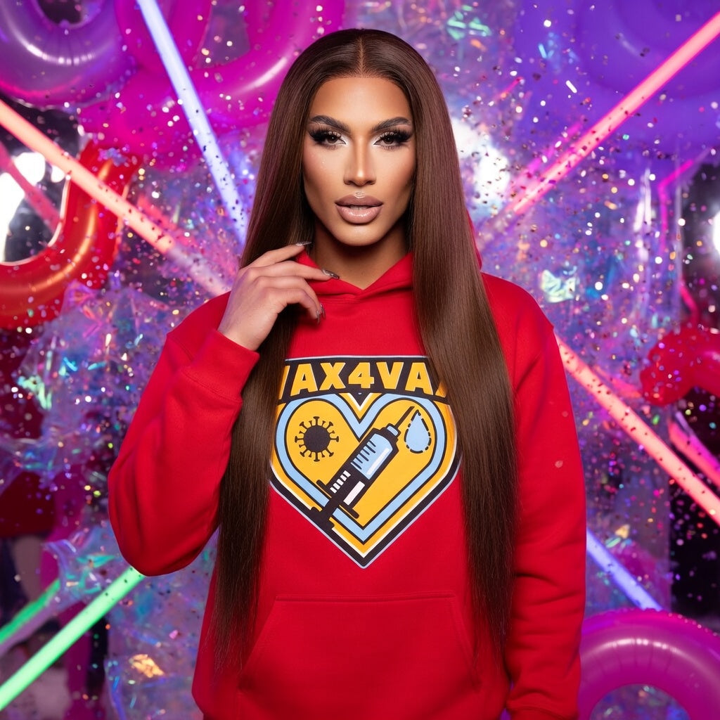 Red Vax 4 Vax Unisex Hoodie with “VAX4VAX,” heart, syringe, and virus icons. Long-haired cutie, bold makeup, party vibes.