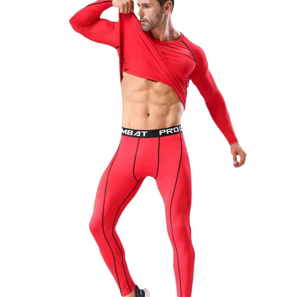 model lifting a red long-sleeve compression top to show matching red leggings