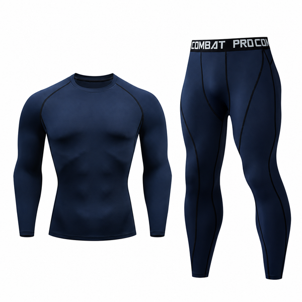 Navy long-sleeve compression shirt and matching full-length leggings on white