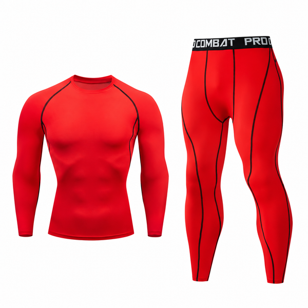Red long-sleeve compression shirt and matching leggings with black seam panels