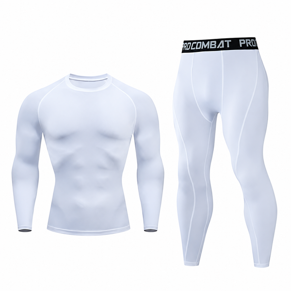 White long-sleeve compression shirt and matching leggings displayed front-facing