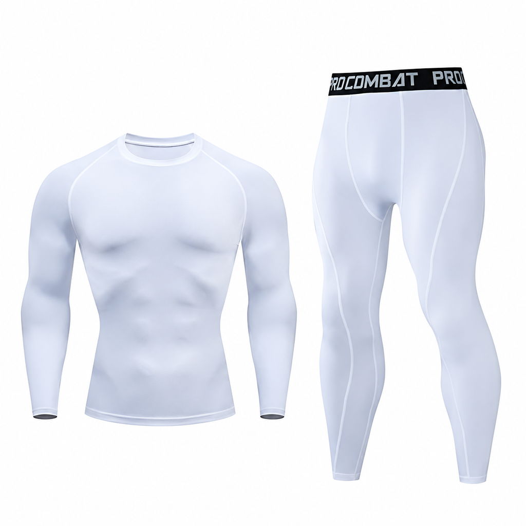 White long-sleeve compression shirt and matching leggings displayed front-facing