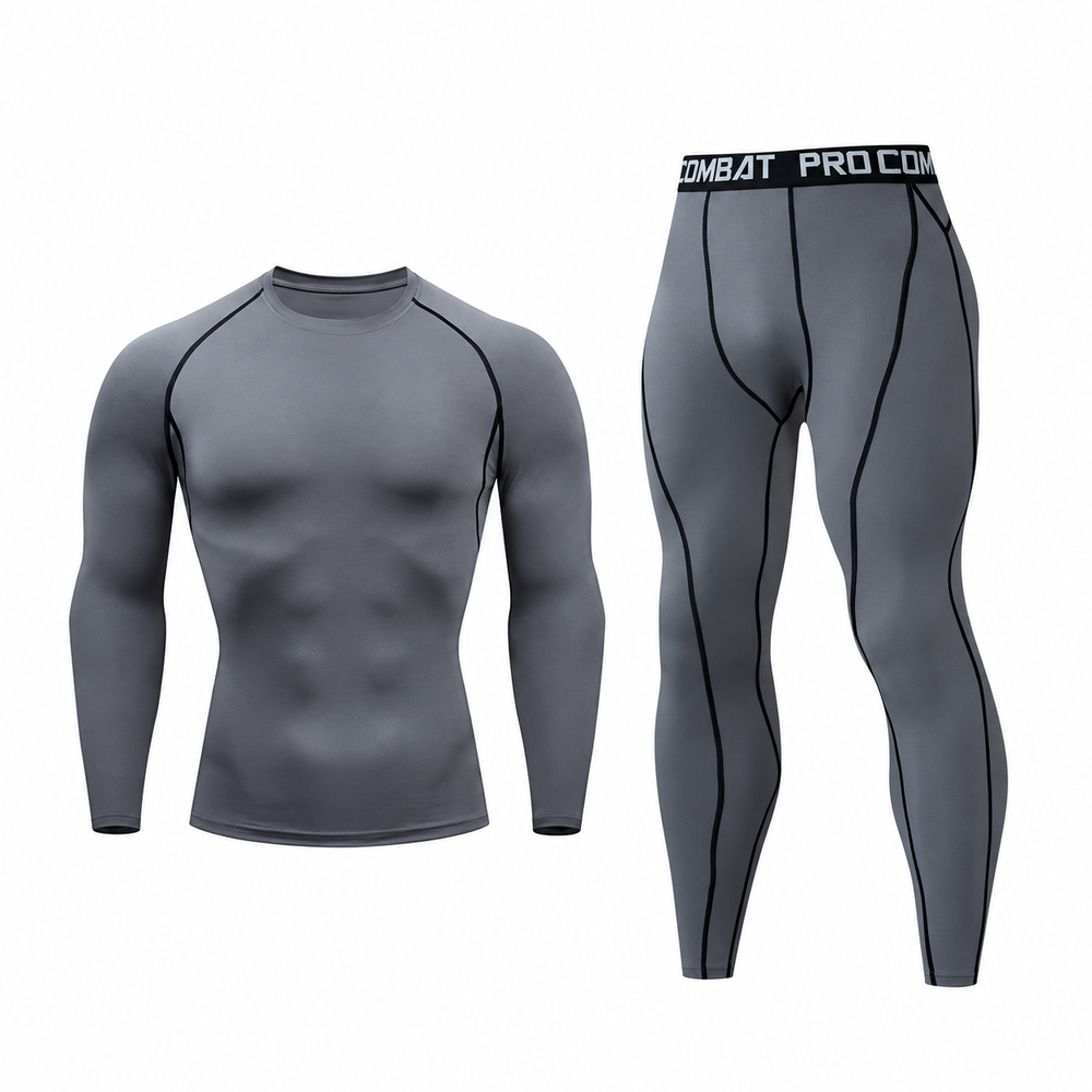 Gray long-sleeve compression shirt and matching full-length leggings on a white background