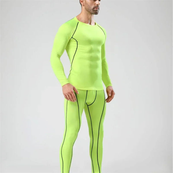 Model wearing a neon green long-sleeve compression top and matching leggings