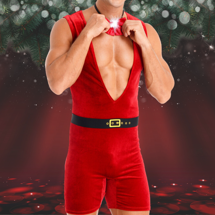 Cropped model wearing a red velvet Santa romper with a deep V front, black belt, and bow tie