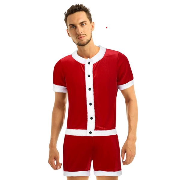 Front-facing model wearing a red velvet Santa shirt and matching shorts