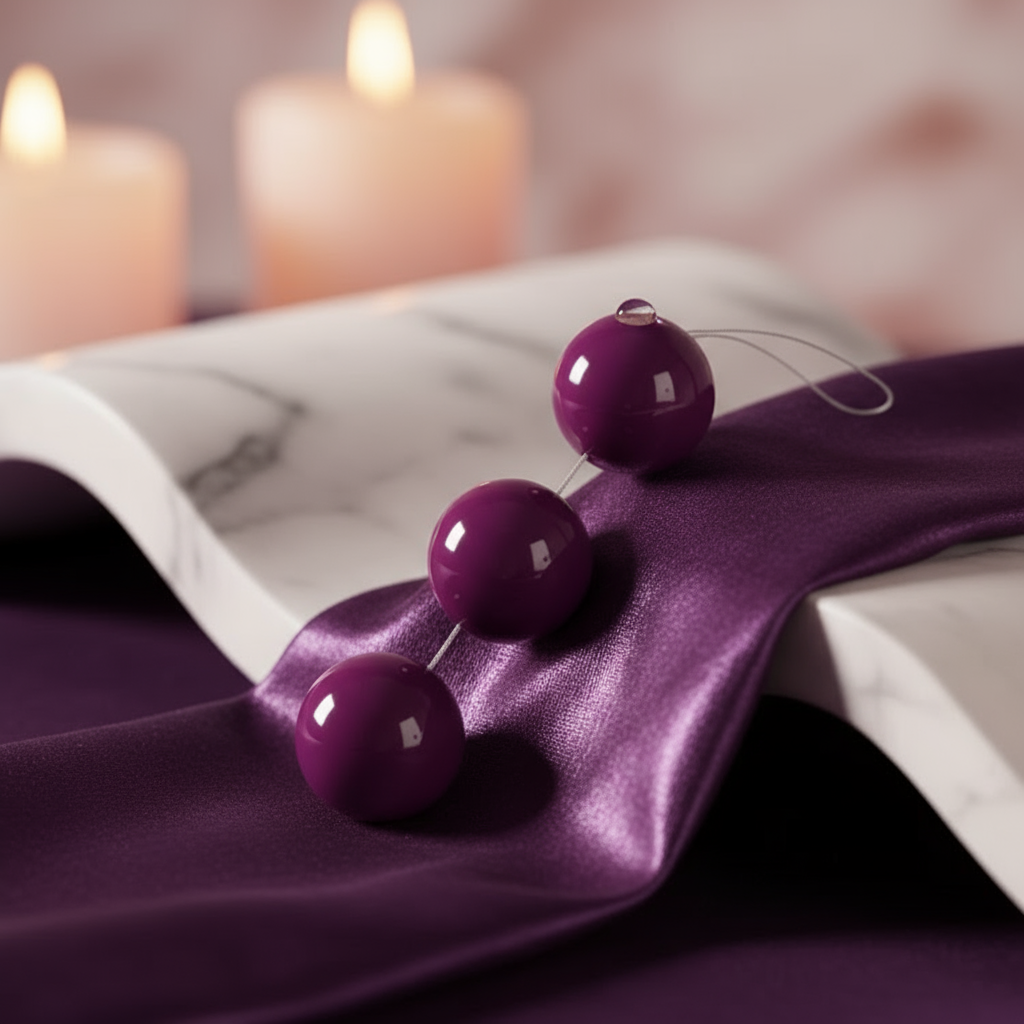 Three glossy purple kegel balls linked by a cord on purple satin beside candles