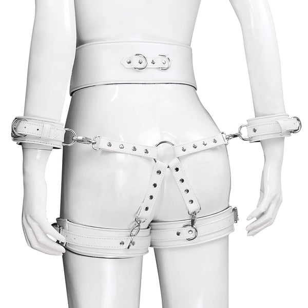 White leather-look cage harness set on a mannequin, shown from the front with wrist and thigh straps