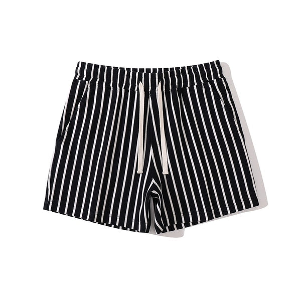 Front view of black shorts with narrow white vertical stripes and a white drawstring