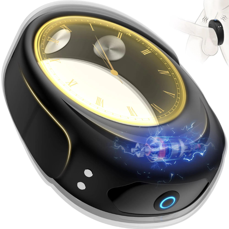 Black vibrator ring with a gold-edged clock face and blue electric-effect graphic