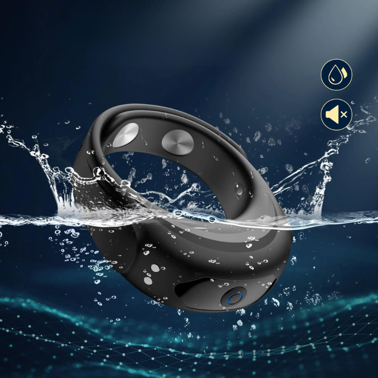 Black adjustable vibrator ring shown splashing through water, with two top controls and a blue-lit button