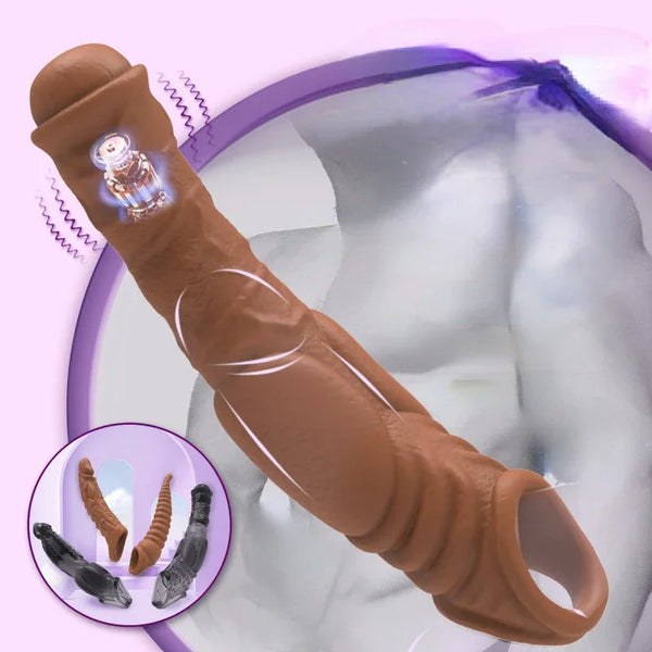 Close-up of a brown penis sleeve with a clear vibrating ring and base loop