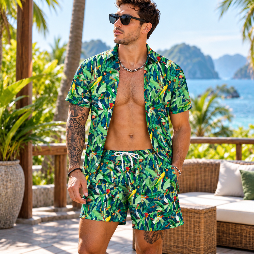 Vibrant Island Party Beach Outfit (Shirt + Shorts) — Green worn by a model.