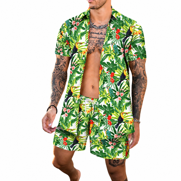 Open tropical-print shirt and shorts set with toucans, parrots, flowers, and leafy foliage