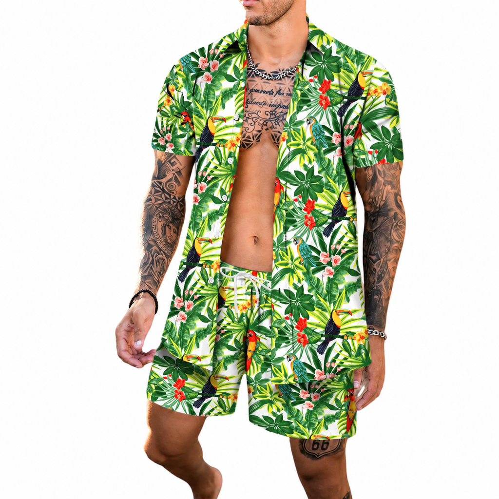 Open tropical-print shirt and shorts set with toucans, parrots, flowers, and leafy foliage