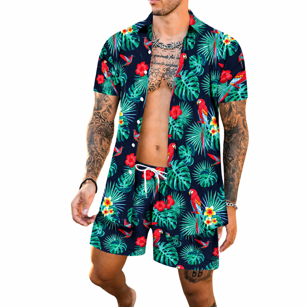 Open short-sleeve shirt and matching shorts with tropical leaves, hibiscus, and parrot print