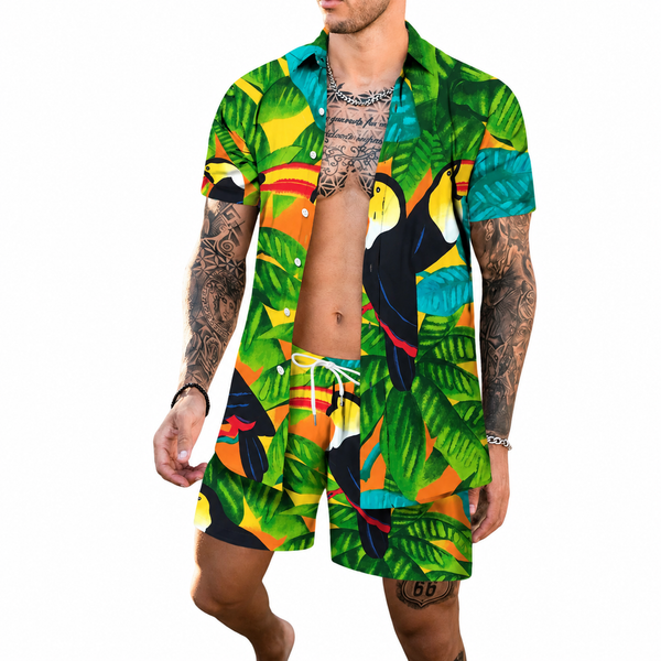 Tropical toucan-print shirt and matching drawstring shorts modeled against a white background