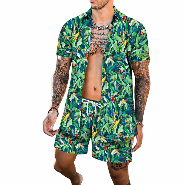 Open short-sleeve shirt and matching shorts with a green tropical leaf and bird print