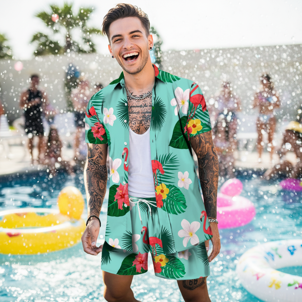 Turquoise tropical floral shirt and matching shorts worn at a sunny pool party