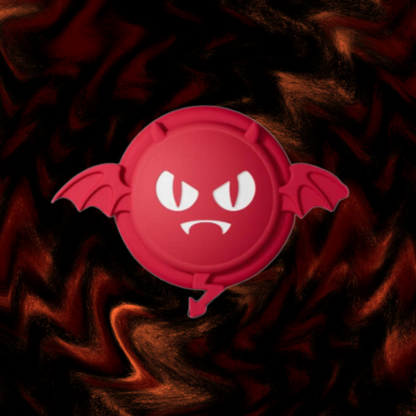 Red demon-faced butt plug with bat wings and a pointed tail on a dark red-black backdrop