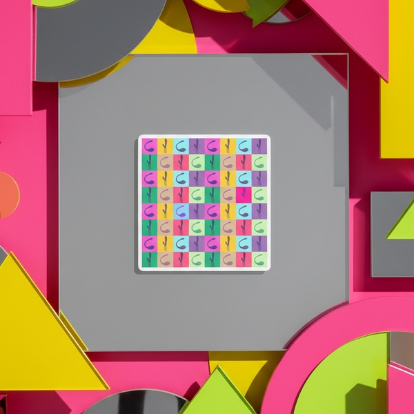 Bubble-free vinyl sticker showing a vibrant grid of abstract, colorful shapes on a gray square—playful queer pop art energy.
