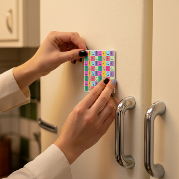 Hands place a colorful pop-art vibrator magnet on a refrigerator door
