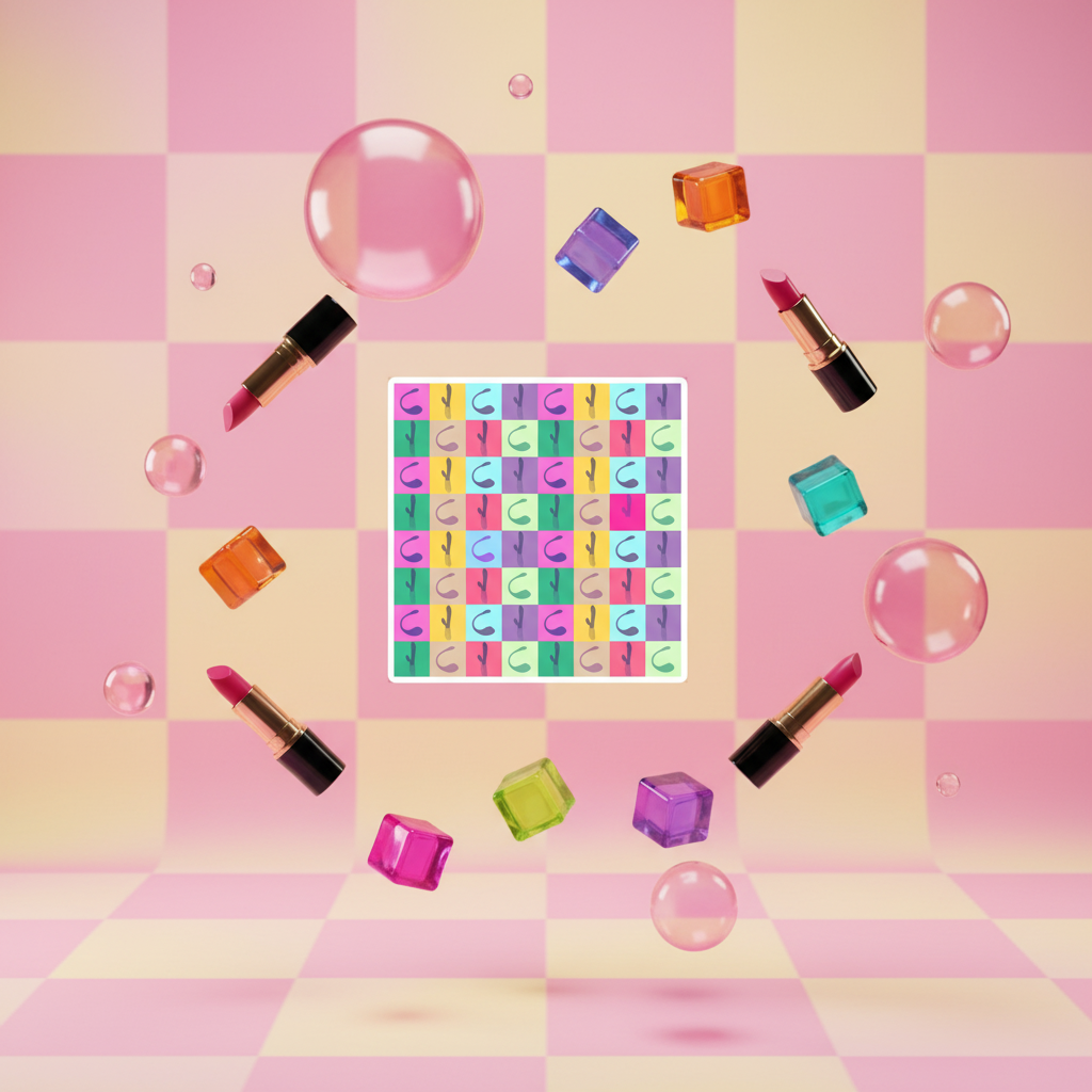 Pop-art vibrator magnet centered amid lipsticks, bubbles, and colorful cubes