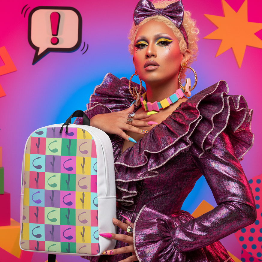 Colorful vibrator-pattern backpack held in front of a person in a ruffled purple outfit