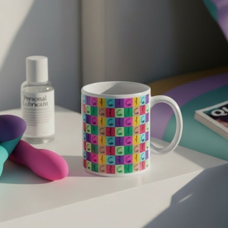Vibrator pop art mug with colorful repeating vibrator illustrations beside sex toys and lubricant