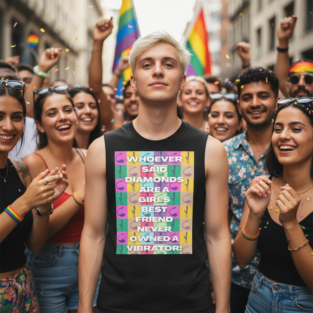 Vibrator Pop Art Muscle Top worn by a confident person with platinum blonde hair at a queer parade, rainbow flags all around