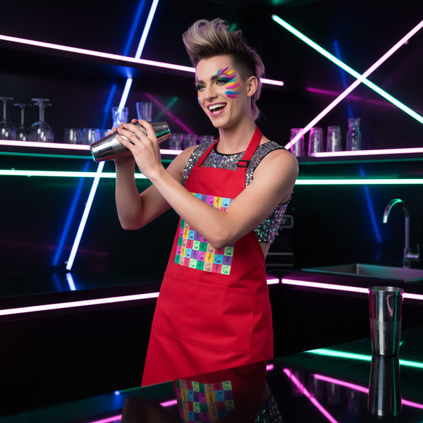 Person in a red pop-art apron shakes a cocktail shaker at a neon-lit bar