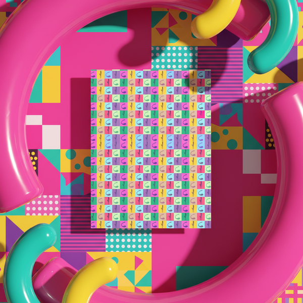 Vibrator Pop Art Postcard on a bold geometric notebook, framed by shiny pink, yellow