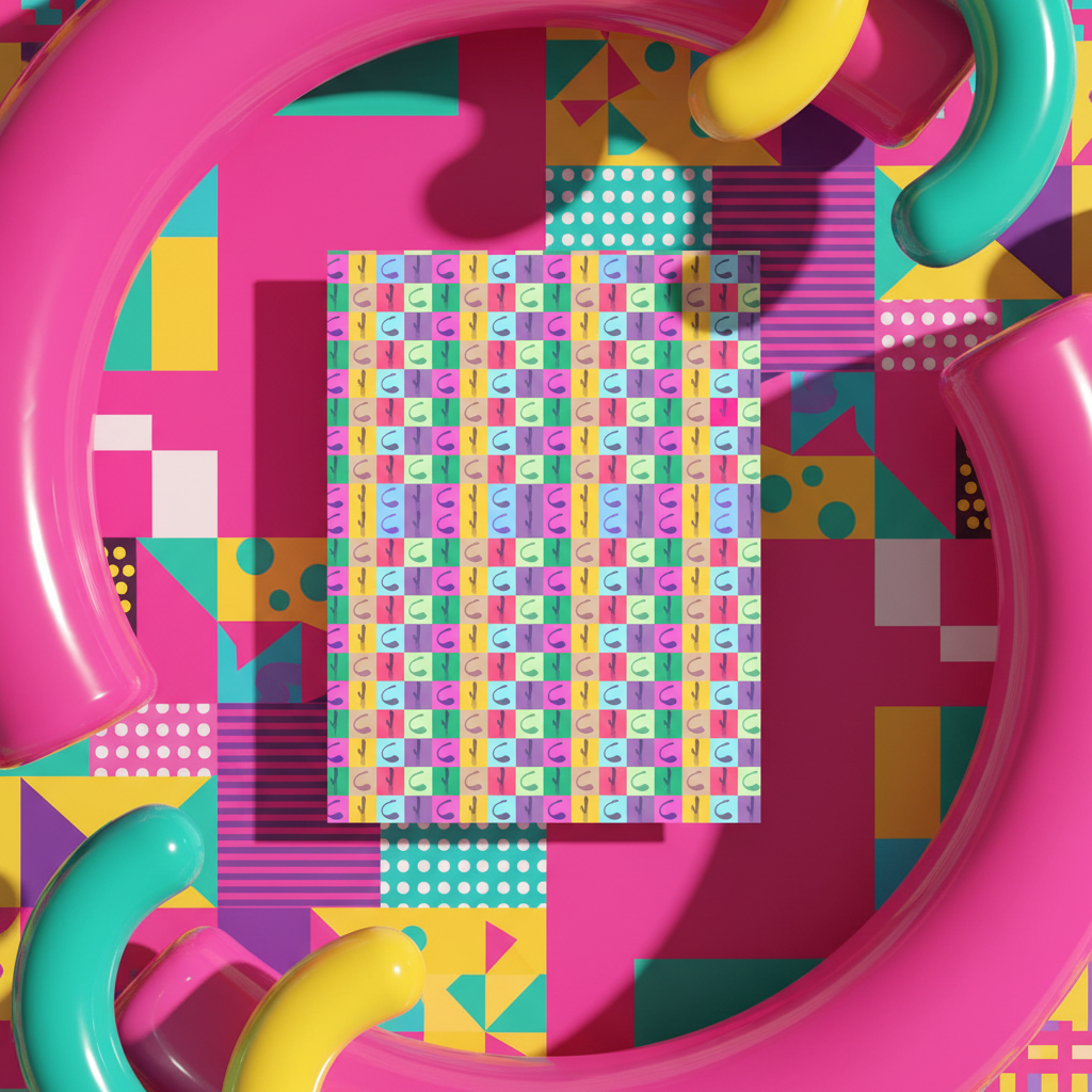 Vibrator Pop Art Postcard on a bold geometric notebook, framed by shiny pink, yellow