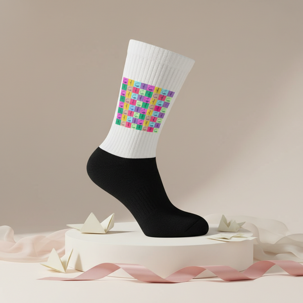 Crew-length Vibrator Pop Art Socks, black and white with a bold colorful grid