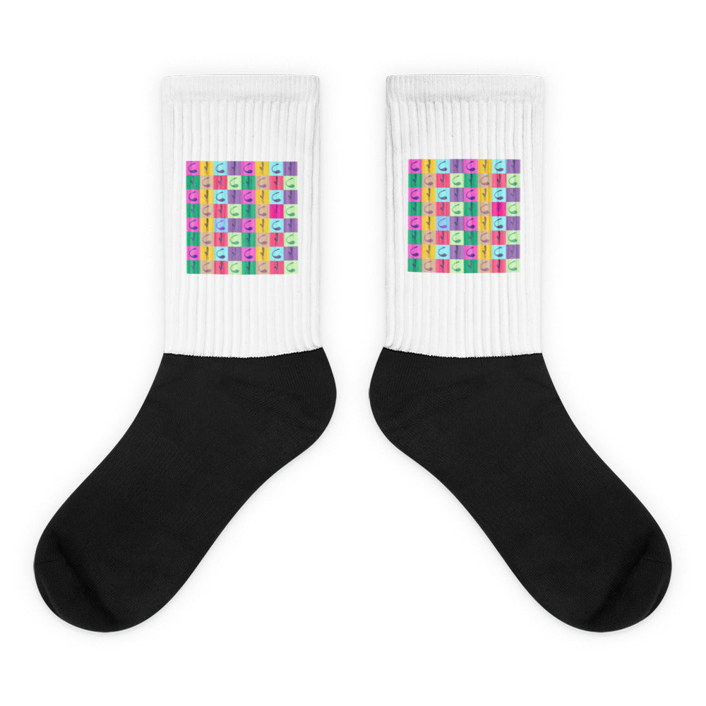 sex toys for gays: Crew-length Vibrator Pop Art Socks, black and white with a bold colorful grid