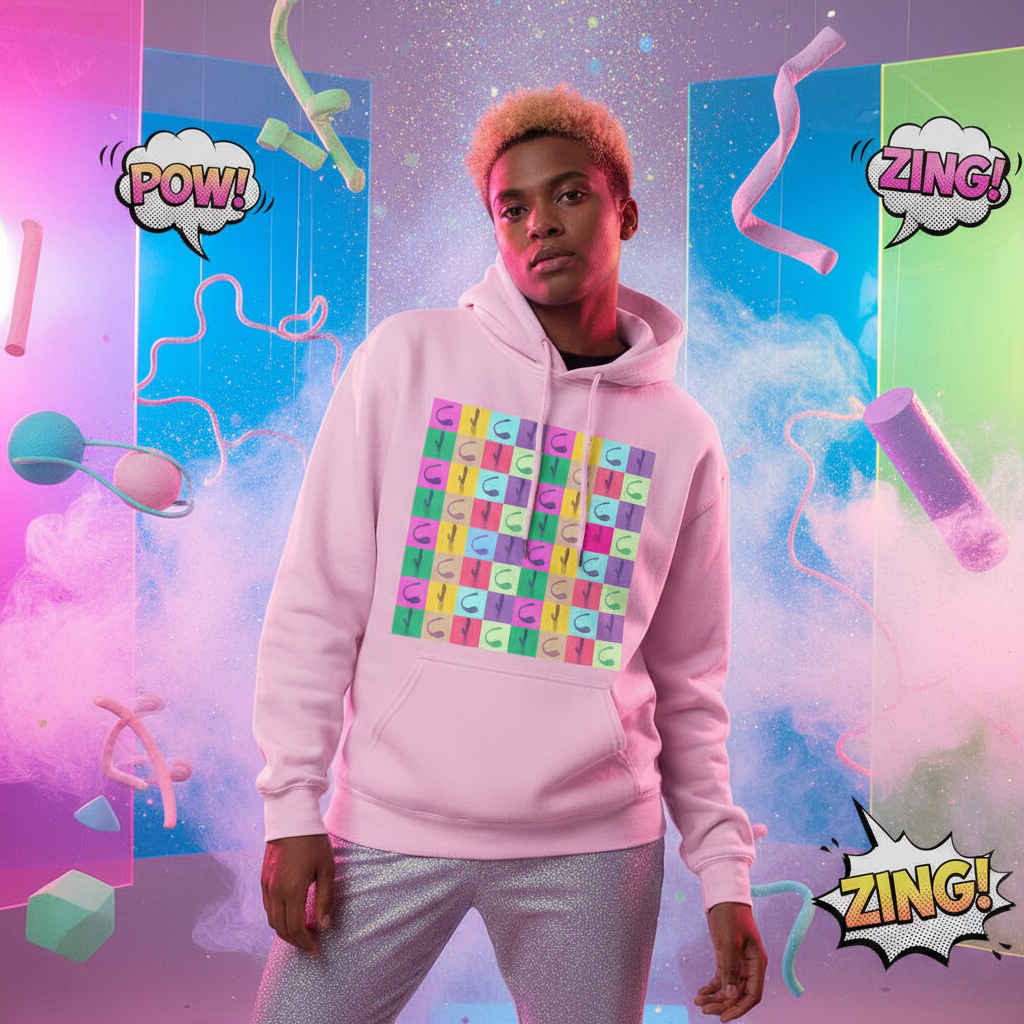 Extra-soft pastel pink Vibrator Pop Art Unisex Hoodie with bold pop art graphics, “POW!” and “ZING!” captions