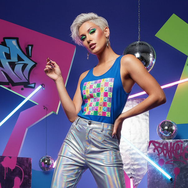 Vibrator Pop Art Unisex Tank Top on a person with platinum hair, silver pants, neon lights, graffiti, and disco balls