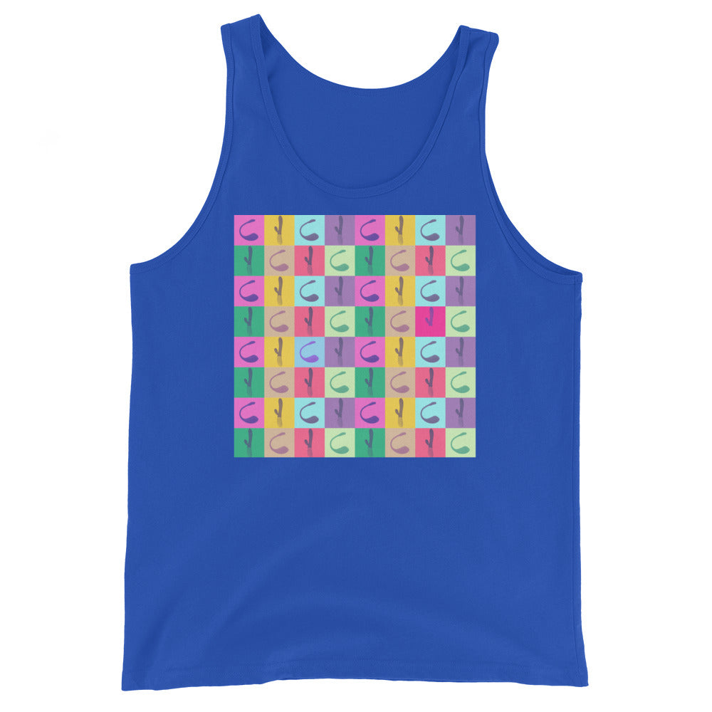 Unisex tank top with a royal blue base, covered in a grid of pastel abstract squares; perfect for bold queer and pride looks.