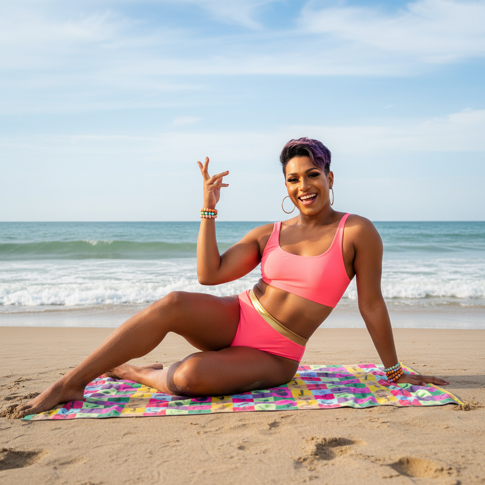 Vibrator towel on sandy beach with ocean and blue sky; person, short purple hair, pink bikini, hoops, chillin, one leg bent