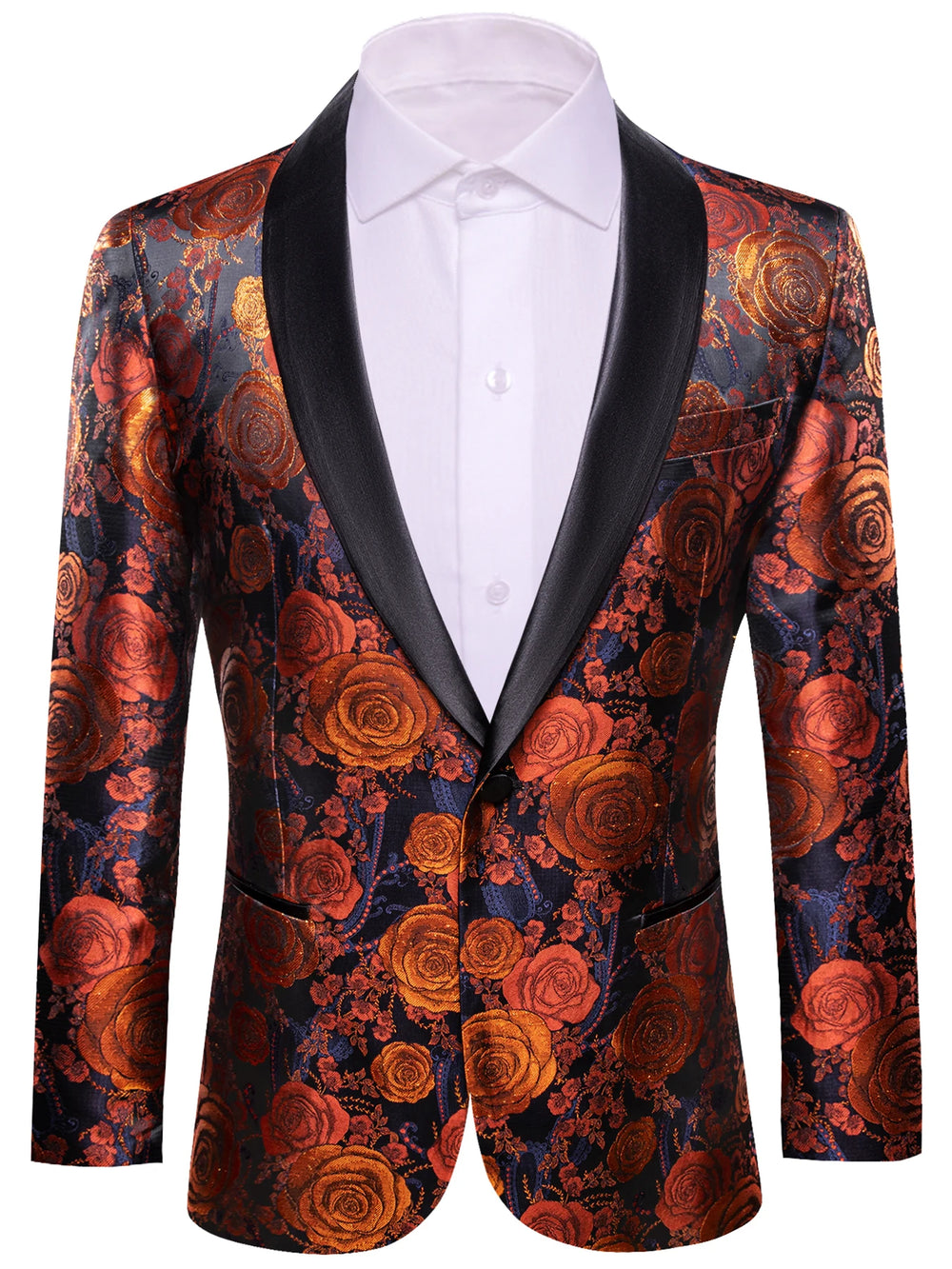 Front view of a dark floral blazer with copper roses and black satin lapels over a white shirt
