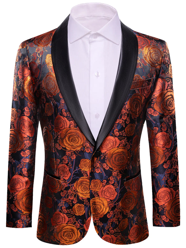 Front view of a dark floral blazer with copper roses and black satin lapels over a white shirt