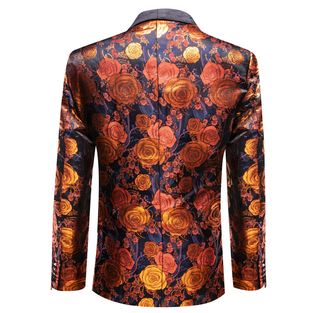 Back view of a dark navy blazer covered in orange and gold rose floral patterns