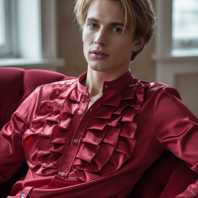 Model seated in a burgundy satin shirt with layered ruffles and a stand collar